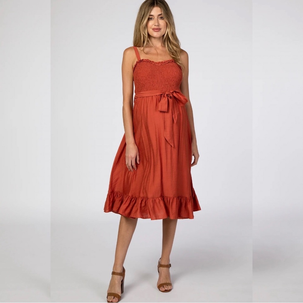 Rust Ruffle Smocked Maternity Dress